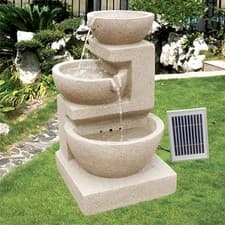 Image of Solar water feature - 3 bowl cascade. Sandstone colour patio water feature.