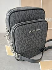 Image of Michael Kors Jet Set Travel Signature Medium Logo Chain Crossbody Black NEW