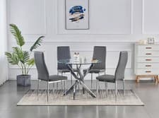 Image of Dining Table Set Round Glass Chrome Legs and 4 Faux Leather Dining Chairs Modern