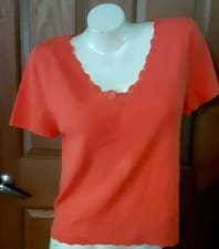 Image of Faded Glory Stretch V-Neck Short Sleeves Embroidery Orange Sweater XL (16/18)