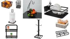 Image of Dish Drainer Utensil Holder Black Flat Iron Egg & Spice Rack Banana Fruit Hanger