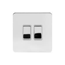 Image of Polished Chrome Flat Plate 10A 2 Gang 2 Way Switch Wht Ins Screwless