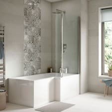 Image of Nuie L-Shape Square Shower Bath Front End Panels Hinged Screen Modern Acrylic