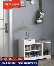 Image of Shoe Bench Upholstered Entryway Storage Drawer Open Shelf White