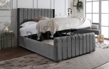 Image of OTTOMAN STORAGE BED PANEL PLUSH VELVET UPHOLSTERED BED FRAME- WINGED HEADBOARD