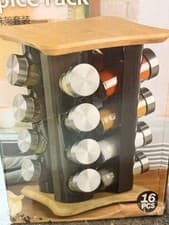 Image of Rotating Spice Rack with 16 Glass Jars – Stainless Steel & Wood Carousel