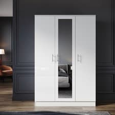 Image of Bedroom 3 Door Mirrored Wardrobe White High Gloss with Hanging Rail & Shelves