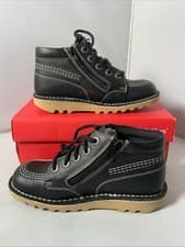 Image of Brand new Junior Kickers Kick Hi Ink Black leather boot School shoe Size 1 EU 33