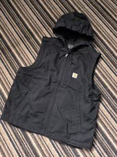 Image of Carhartt Hooded Vest Men’s Medium Black Canvas Workwear Zip Loose Fit