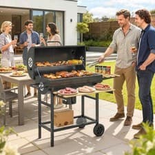 Image of Charcoal Grill, Barrel BBQ Smoker with Warming Rack, Natural Wood and Black
