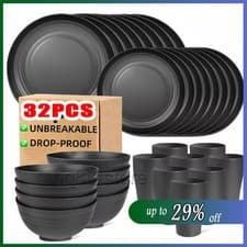 Image of Black Dinnerware Bowl Plates PP Round Dinner Set Tableware 32PCS/SET NEW UK