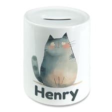 Image of Personalised Cute Watercolour Cat Kids Savings Money Box Piggy Bank Kitten Name