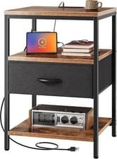 Image of Narrow Side Table with USB & Power Outlets, 3-Tier Nightstand Drawer Rustic