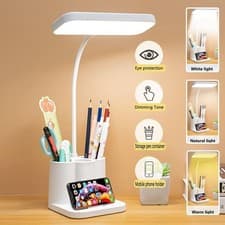 Image of LED Desk Lamp Pen Phone Holder USB Rechargeable Bedroom Reading Light Dimmable
