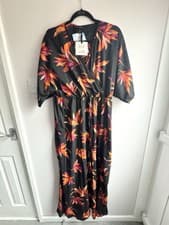 Image of QED London Maxi Dress UK 14 Black Floral Wrap Dress Autumn Leaf Print New