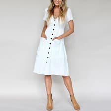 Image of Women Casual Midi Dress Short Sleeve Shirt Dress V Neck Button Decoration Swing
