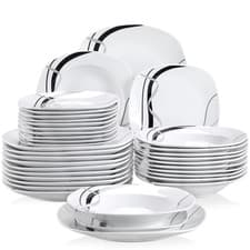 Image of Dinnerware Set 36 Piece Ceramic Plates Bowls Stripe Pattern Microwave Dishwasher
