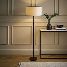 Image of Black Bobble Floor Lamp Base Linen Trim Lampshade Standard Living Room Light
