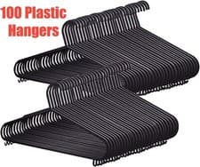 Image of 100 BLACK ADULT CLOTHES PLASTIC HANGERS COAT  TROUSERS/HANGERS W TROUSER BAR
