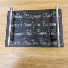 Image of SLATE CHEESE BOARD WITH METAL HANDLES. HANDMADE IN WALES. WINE TYPES DESIGN. NEW
