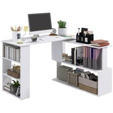 Image of HOMCOM Corner Computer Desk with 360° Rotating Design and Bookshelf, White