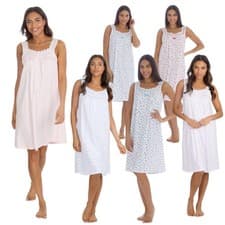 Image of Ladies 100% Cotton Sleeveless Nightie Floral Nightdress White Sleepwear 10-24