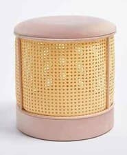 Image of BTFY Rattan Storage Stool - Round Storage Footstool With Lid - Pink Velvet