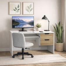 Image of Modern Home Office Desk with 2 Storage Drawers, White or Oak Effect
