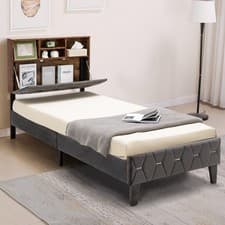 Image of Modern Single Bed Frame Velvet Upholstered Platform Bed Mattress Foundation
