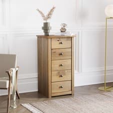Image of 5 Drawer Chest of Drawers Narrow Solid Pine Wood Waxed Storage Bedroom Furniture