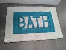 Image of bluecanyon Soft Cotton BATH Text Rug - Washable Mat White Cyan Large 85cm x 55cm