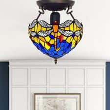 Image of 10" Tiffany Blue Dragonfly Ceiling Light – Antique Stained Glass Design