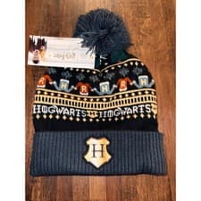 Image of Harry Potter Hogwarts Christmas Fair Isle Beanie Hat Pom Pom Wizarding World NWT