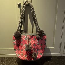 Image of Wayuu Mochila Colombian Pink/Grey Bag Large Size long shoulder strap handles