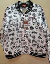 Image of Women's Mitchell & Ness White/Black NBA Chicago Bulls Doodle Satin Jacket - XL
