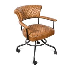 Image of Genuine Leather Office Desk Chair with Casters Quilted Brown Leather