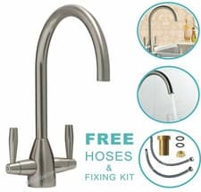Image of New Kitchen Tap Monobloc Round Sink Mixer Twin Lever Handle Chrome Brushed Steel