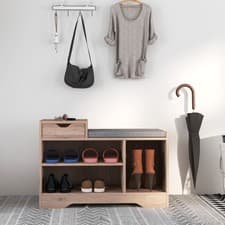 Image of Shoe Bench with Drawer, Shelves and Seating Cushion for Entryway Hallway