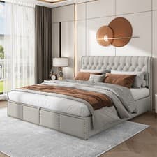 Image of Upholstered Bed Ottoman Bed Frame Grey Fabric 4ft6 Double Bed Frame With Storage