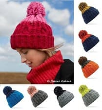 Image of Cable Knit Beanie Hat Apres Ski Pom Pom Bobble Winter Warm Chunky Woolly Hats
