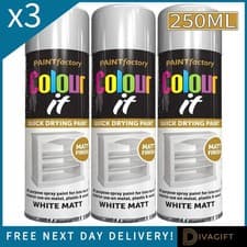 Image of 3 x WHITE MATT FINISH SPRAY PAINT 250ML MULTI PURPOSE FAST DRYING COLOUR IT NEW