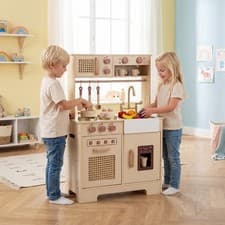 Image of Play Kitchen for Kids Wooden Kitchen Playset with Realistic Lights Yellow