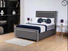 Image of Hampton Upholstered Bed Plush Velvet WITH HEADBOARD & MATT Slats Base Luxury Bed