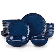 Image of Dinnerware Set 32 Piece Blue Stoneware Embossed Plates Bowls Lead Free Safe Food