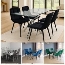 Image of Dining Table and 4 Velvet Chairs Chrome Legs Set Home Furniture