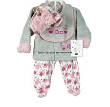 Image of Little Joy Girls 4pc Spring Outfit Cap Bib Jacket Footed Pants Hello World 0-3M