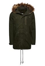 Image of SUPERDRY MILITARY FAUX FUR PARKA JACKET, OLIVE GREEN, SIZE S.