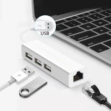 Image of USB 2.0 Ethernet Adapter & 3-Port Hub, 10/100Mbps, Windows Compatible, White
