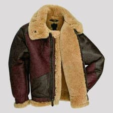 Image of Mens Maroon RAF Aviator Fur Shearling B3 Flying Brown Bomber Real Leather Jacket
