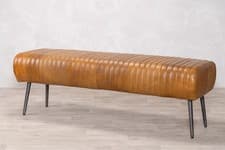 Image of RIBBED FULL LEATHER DINING BENCH WITH METAL LEGS CHOICE OF 4 SIZES AVAILABLE
